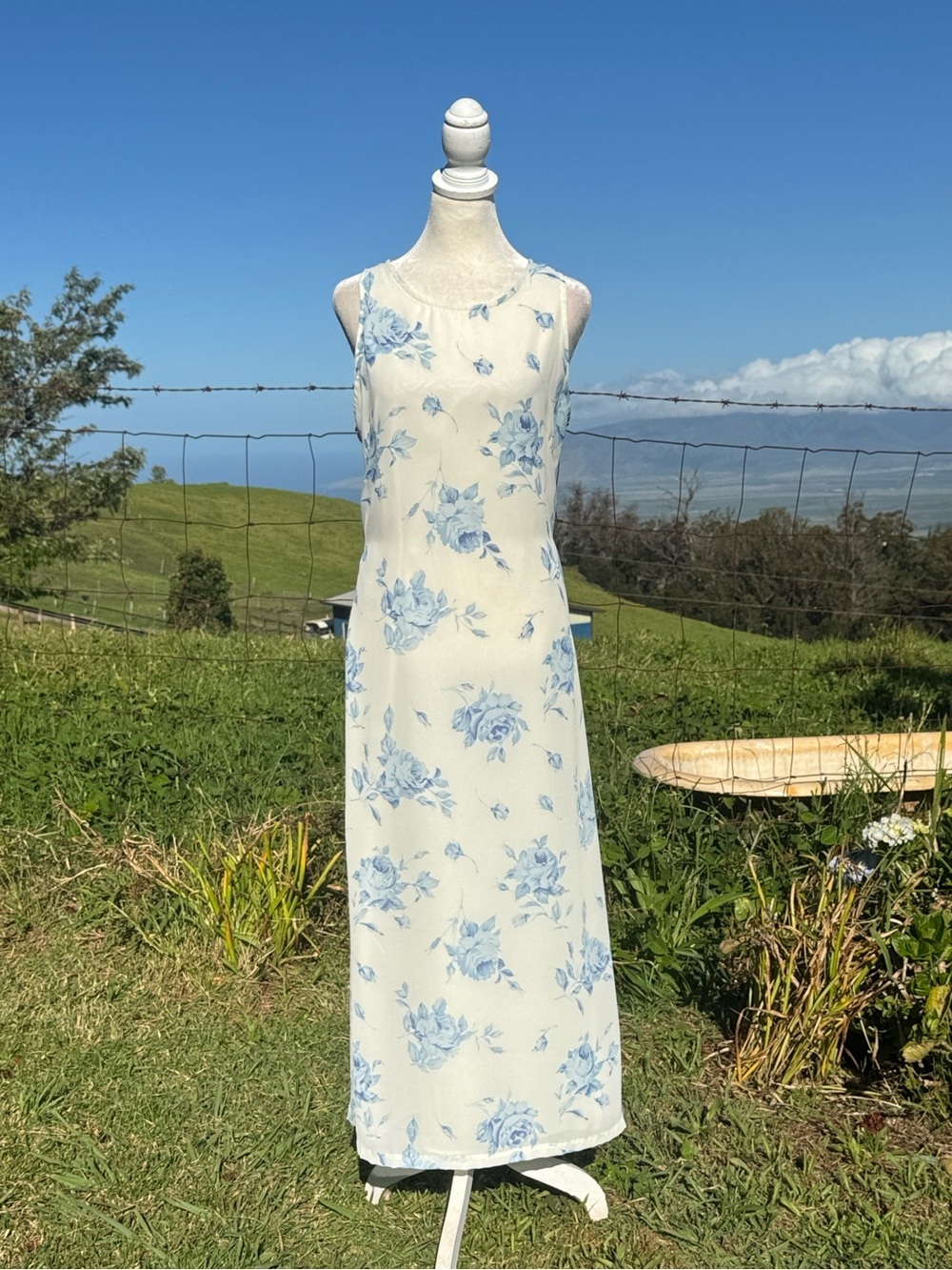 Vintage 90s DBY Cream Blue Sleeveless Floral maxi DRess Feminine Small - 9